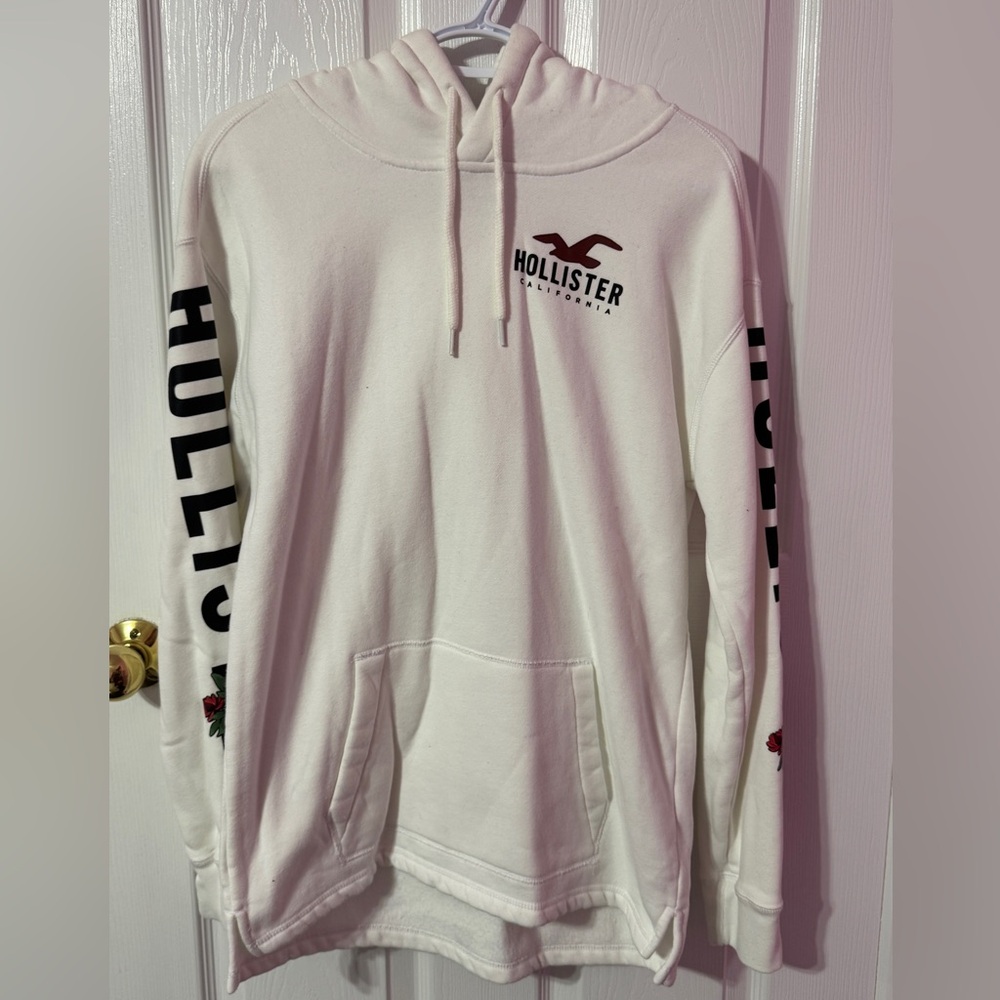 Hollister White Hoodie with Black and Red Accents